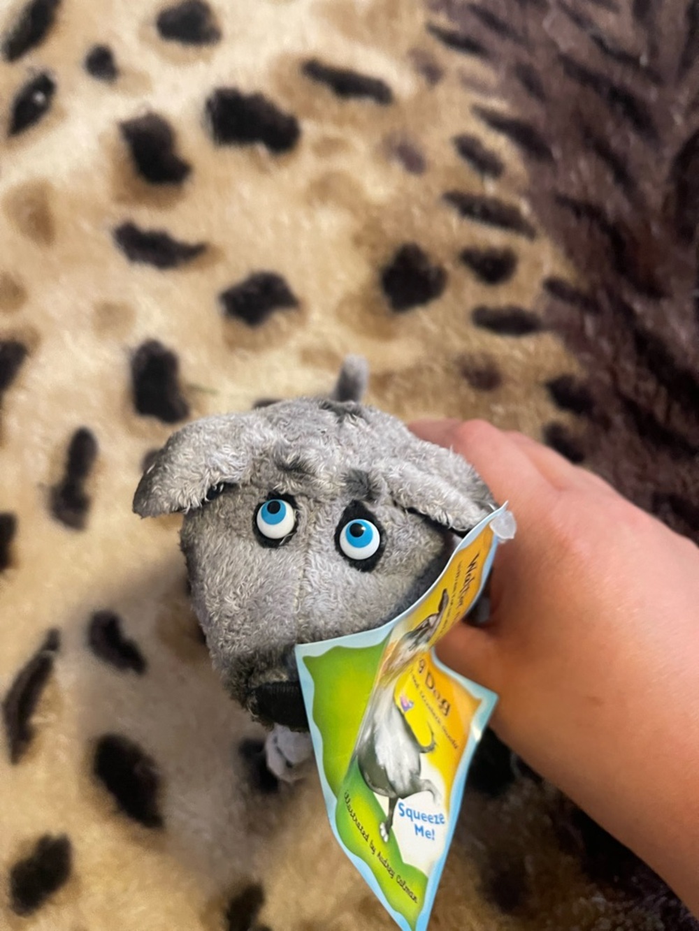 Gray Plush Dog Toy with Blue Eyes - Squeezable
